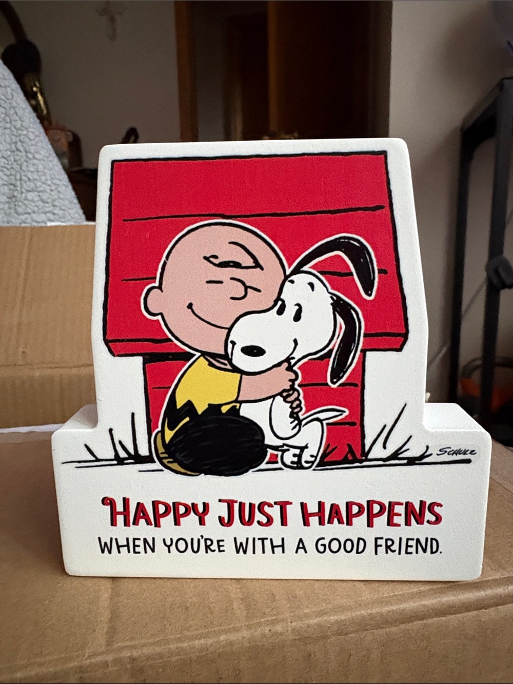 Peanuts Charlie Brown & Snoopy 'Happy Just Happens' Red Decorative Block